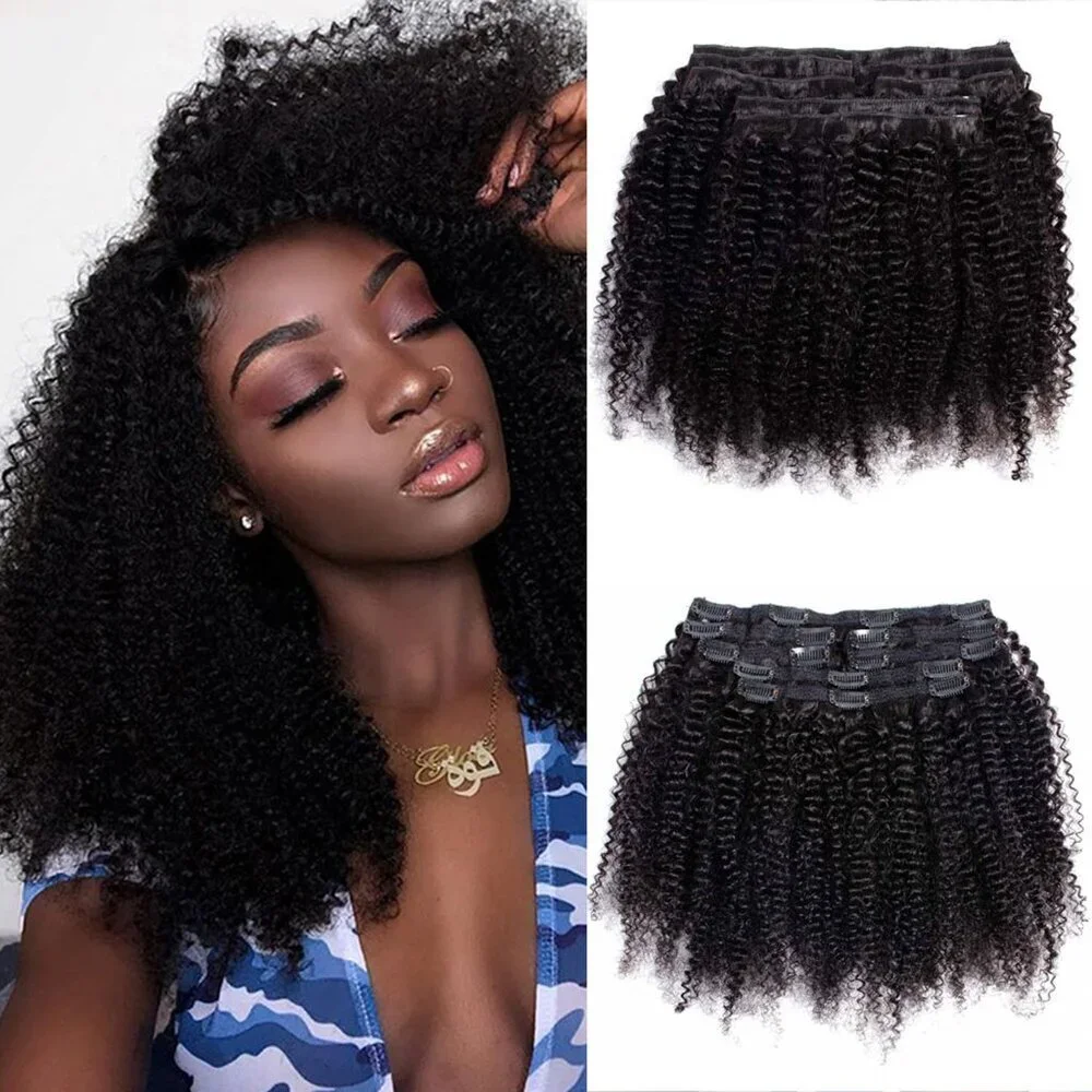 Kinky Curly Clip In Extensions Human Hair 14 Inch Natural Black 7Pcs